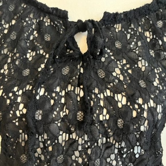 Lace Peasant Top with Tie Front Black Size M - Picture 5 of 5